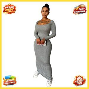 Ribbed Bodycon Maxi Dress Long Sleeve Fitted Elegant Chic Lounge Wear